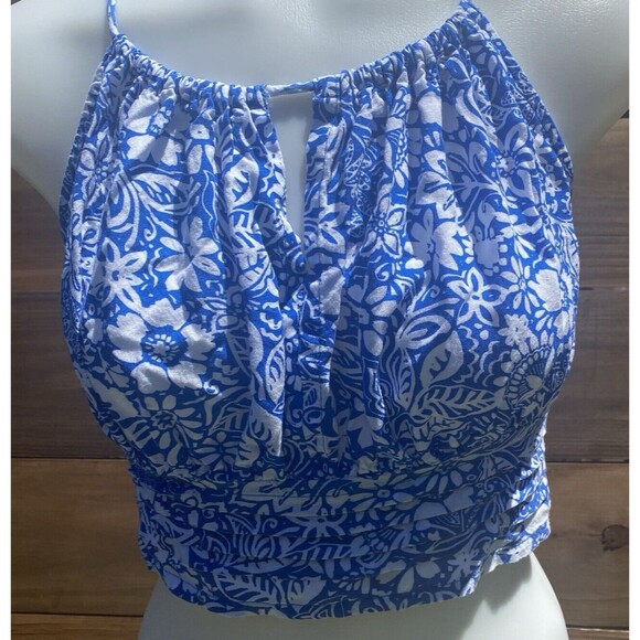 Japna Chic Blue White Cropped Halter with Key Hole Front Open Back Tied Top Med - Picture 1 of 6